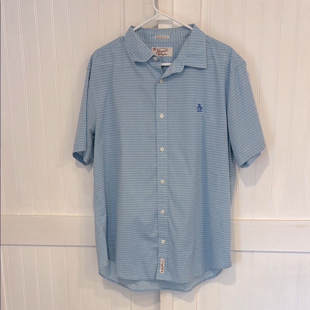 Original Penguin sky Blue, patterned, Short Sleeve Shirt, slim fit XL